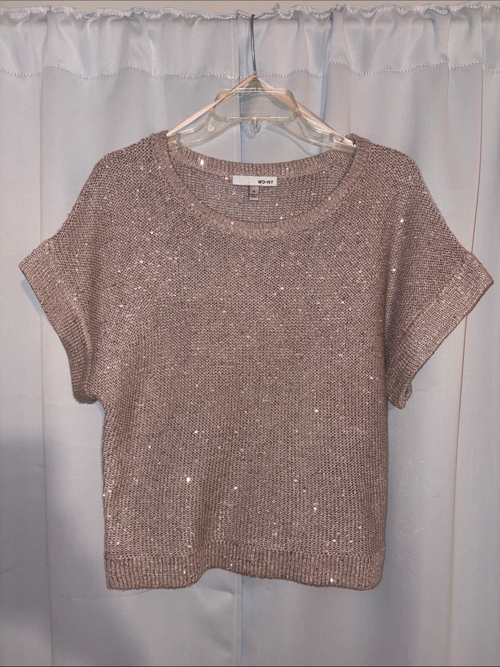 WD.NY Sequin Knit Short Sleeve Sweater in Light Taupe